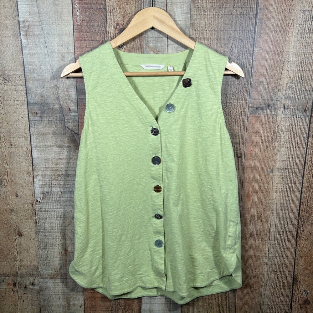 Soft Surroundings M Sage Green Artsy Mixed Button Lagenlook Cotton Slub Vest Top